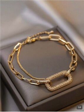 Gold Double-Layer Cubic Zirconia Link Bracelet - Women's Jewelry